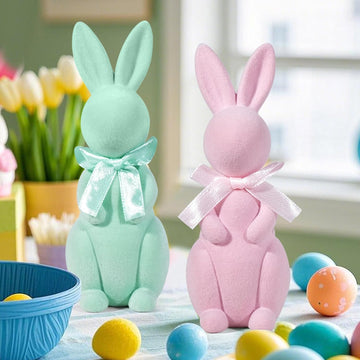 Easter Bunny Decorations, Flocked Bunnies Figurine with Soft Velvet Texture, 5.5" Resin Rabbit Ornaments, Spring - Set of 2