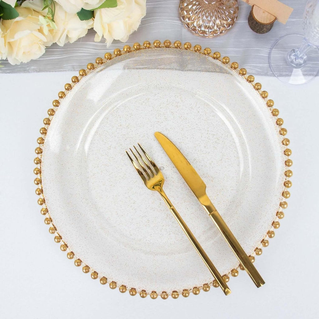 13" Charger Plates - Clear Gold Round Acrylic Disposable Chargers with Beaded Rim - Set of 12