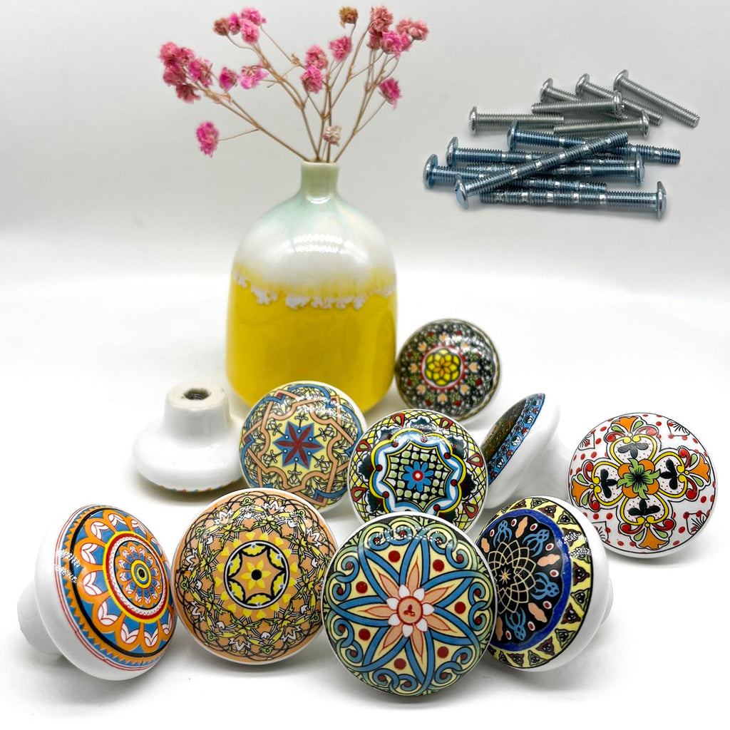 Bohemian Ceramic Knobs - 10Pcs Round Porcelain Knobs - Exquisite Ceramic Bohemian Handles - Bohemian Style Cabinet