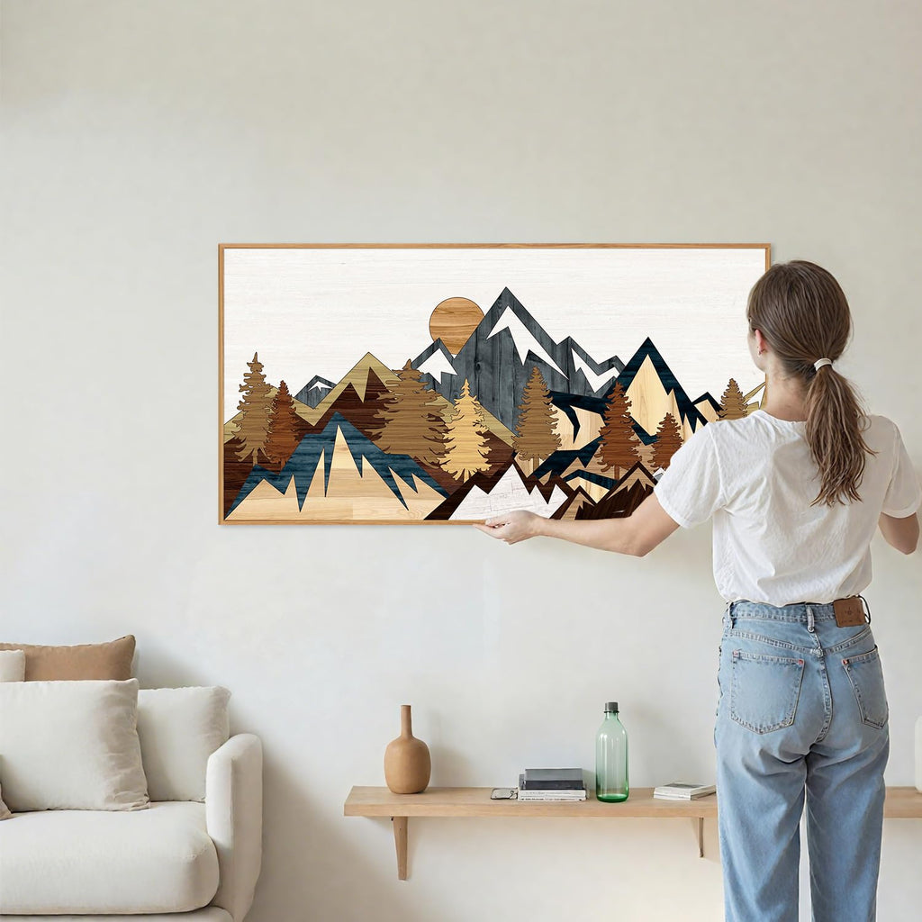 Vintage Mountain Framed Canvas Wall Art, Boho Sunrise Art Prints, Forest Nature Wilderness Art Paintings, Modern