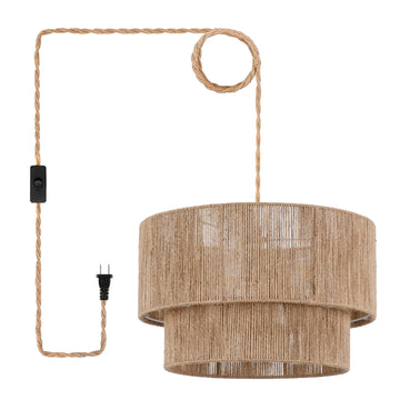 18" Plug in Pendant Light, Hanging Light Fixture with Hemp Rope Lampsahde, Handwoven 2 Tier Drum Boho Plug in