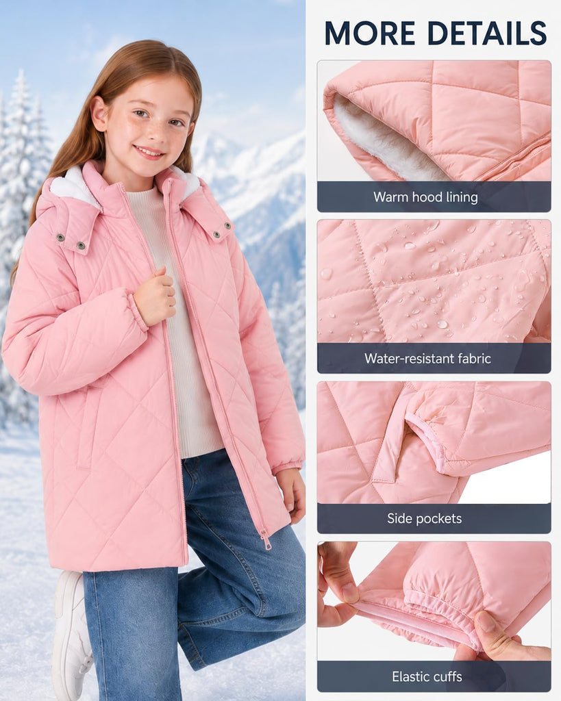 Girls Winter Coat Fleece Lined Hooded Puffer Jacket Warm Outwear