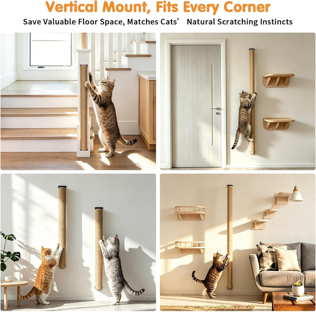 65" Wall Mounted Cat Scratching Post, Adjustable Jute Cat Wall Scratcher