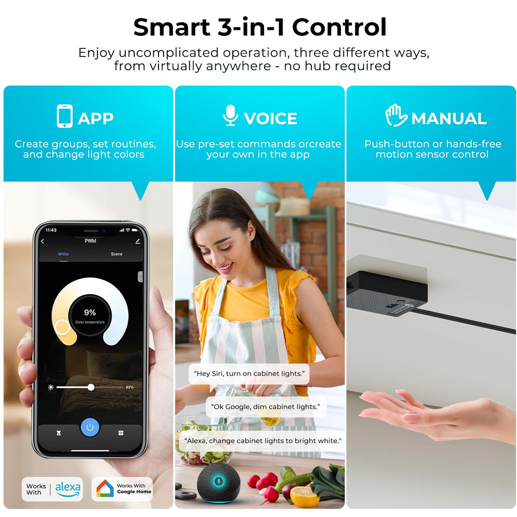 Smart Under Cabinet Lights 6 Bars, App/Voice/Hand Wave Control, Silver