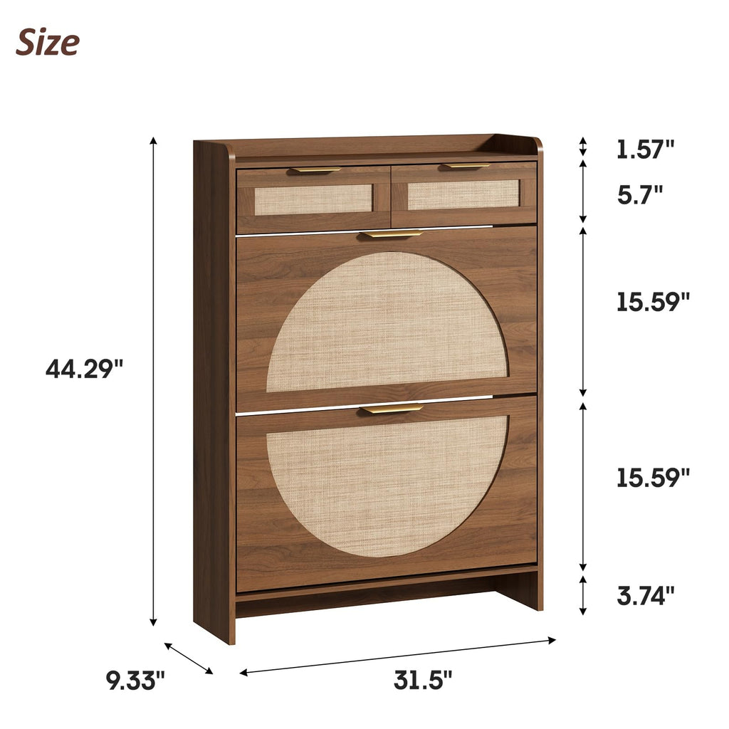 Rattan Shoe Storage Cabinet with 2 Flip Drawers & 2 Drawers, Freestanding Organizer for Front Door Entrance, Hidden