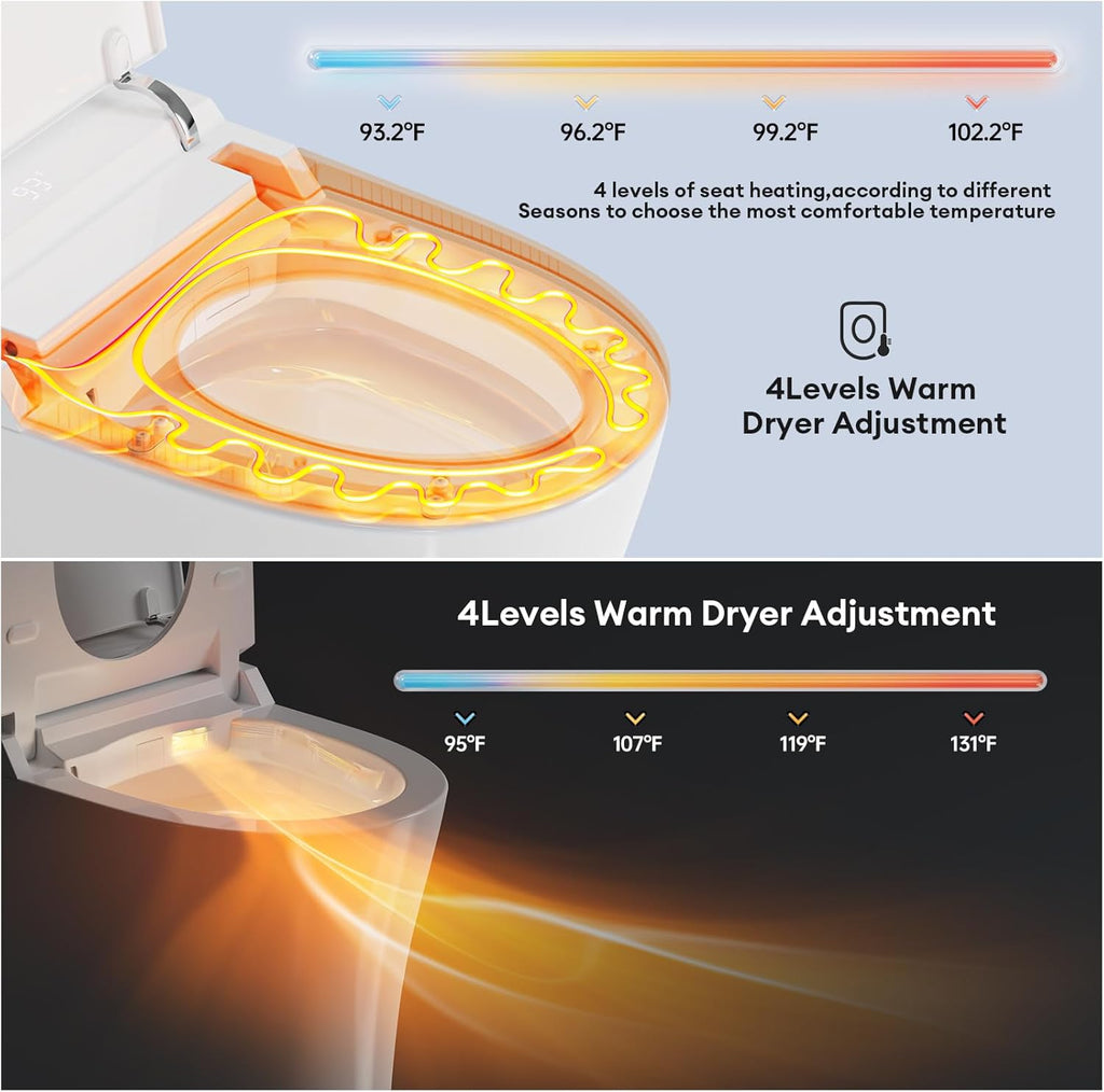 Ceramic Smart One-Piece Toilet with Built-In Bidet, Auto Open and Close Lid, ADA Comfort Height, Auto Deodorizer, Night Light, Digital Display