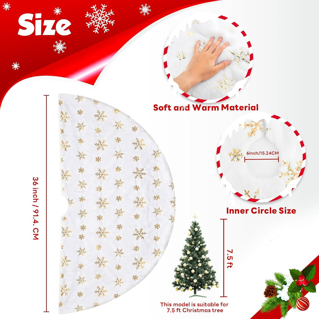 Christmas Tree Skirt 36 Inch, Holiday Part Decorations, Whit Plush Gold Sequin Snowflake Tree Shirt for Xmas