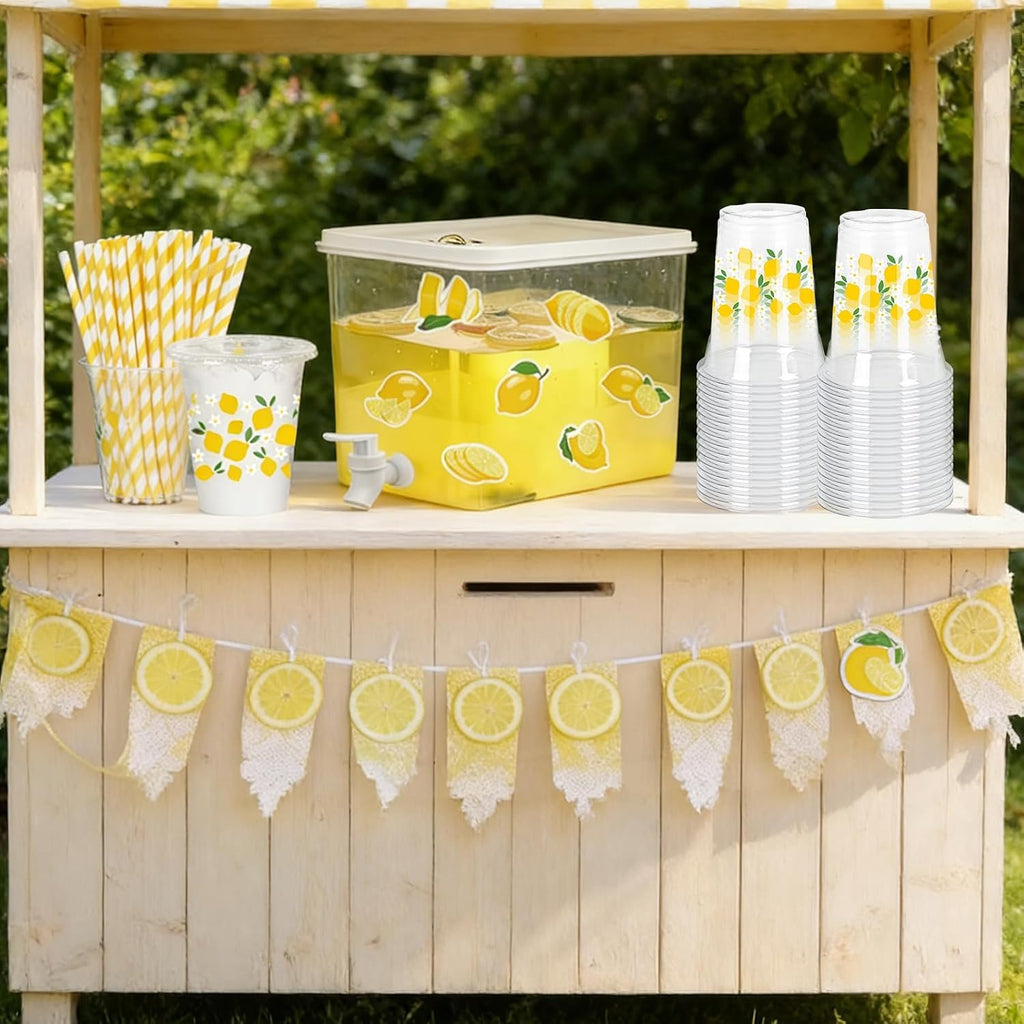 Lemonade Stand Supplies Kits 8.8L Plastic Drink Dispenser with Spigot 50 Sets 12 Oz Disposable Cups with Lids - Set of 152