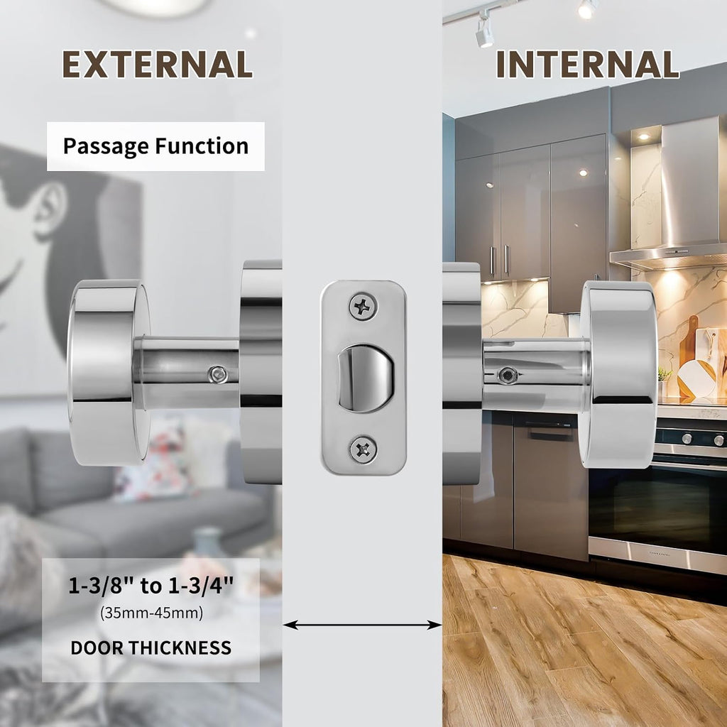Passage Door Knobs Interior, Polished Chrome Door Knob for Closet, Modern Round Passage Door Handles