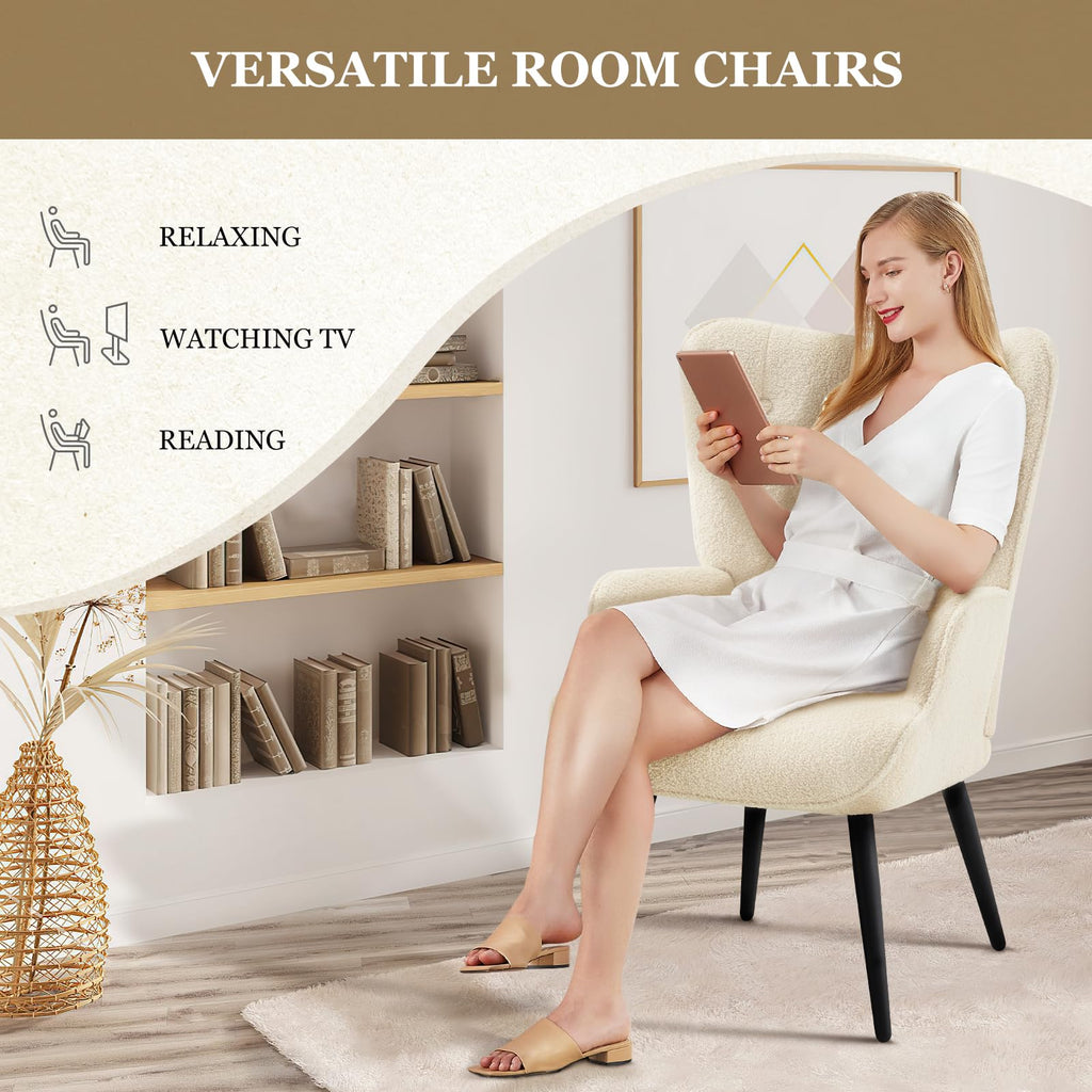 Faux Fur White Accent Chair Mid Century Modern Living Room Chairs; Comfy Armchair Leisure Vanity Guest Wingback Chair
