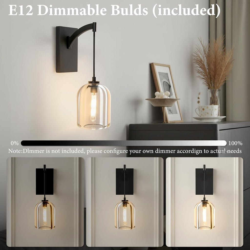 Crystal Brass Hemisphere Wall Sconce - Set of 2 Black Brushed Dimmable Sconces with Bulbs - Modern Hanging Light