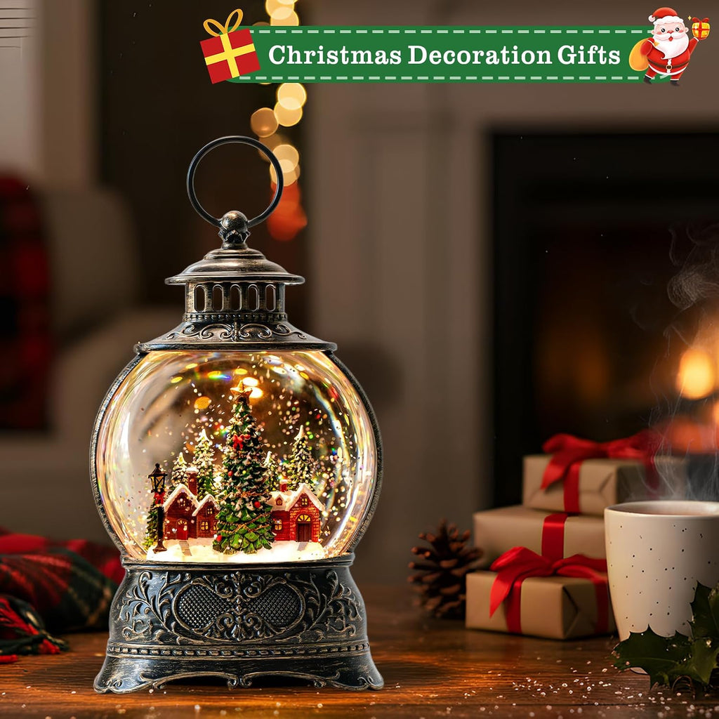 Christmas Snow Globes Water Lantern with Christmas Tree Village, Music & 6H Timer, USB Lined/Battery Operated Lighted
