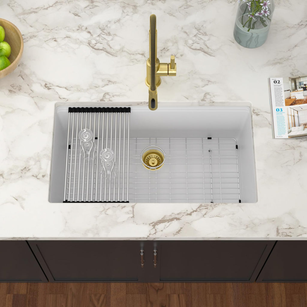 33 Inch White Undermount Kitchen Sink Workstation Granite Composite Quartz Single Bowl Undermount Sinks Large Deep