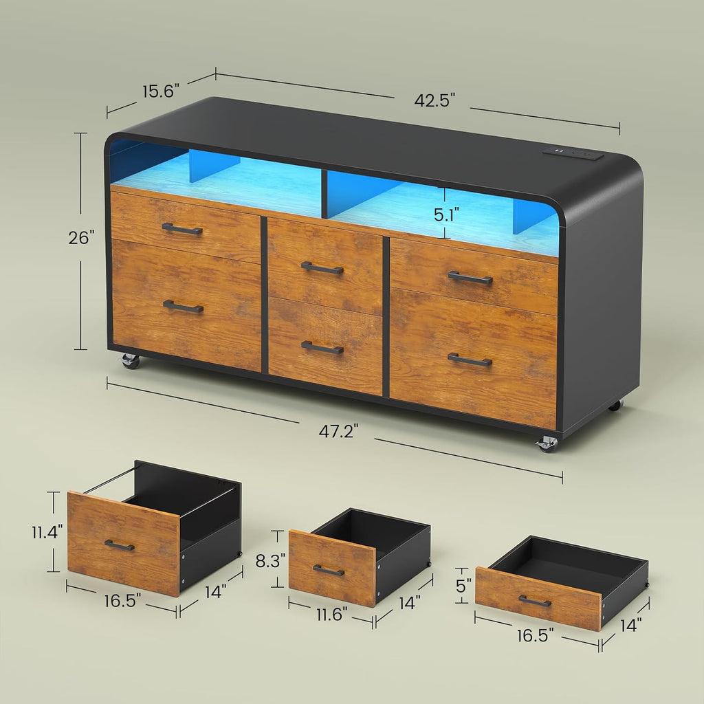 6 Drawers File Cabinet with Power Strip fits Legal/Letter/A4 Size | 47" Wood Mobile Lateral Filing Cabinet , Printer