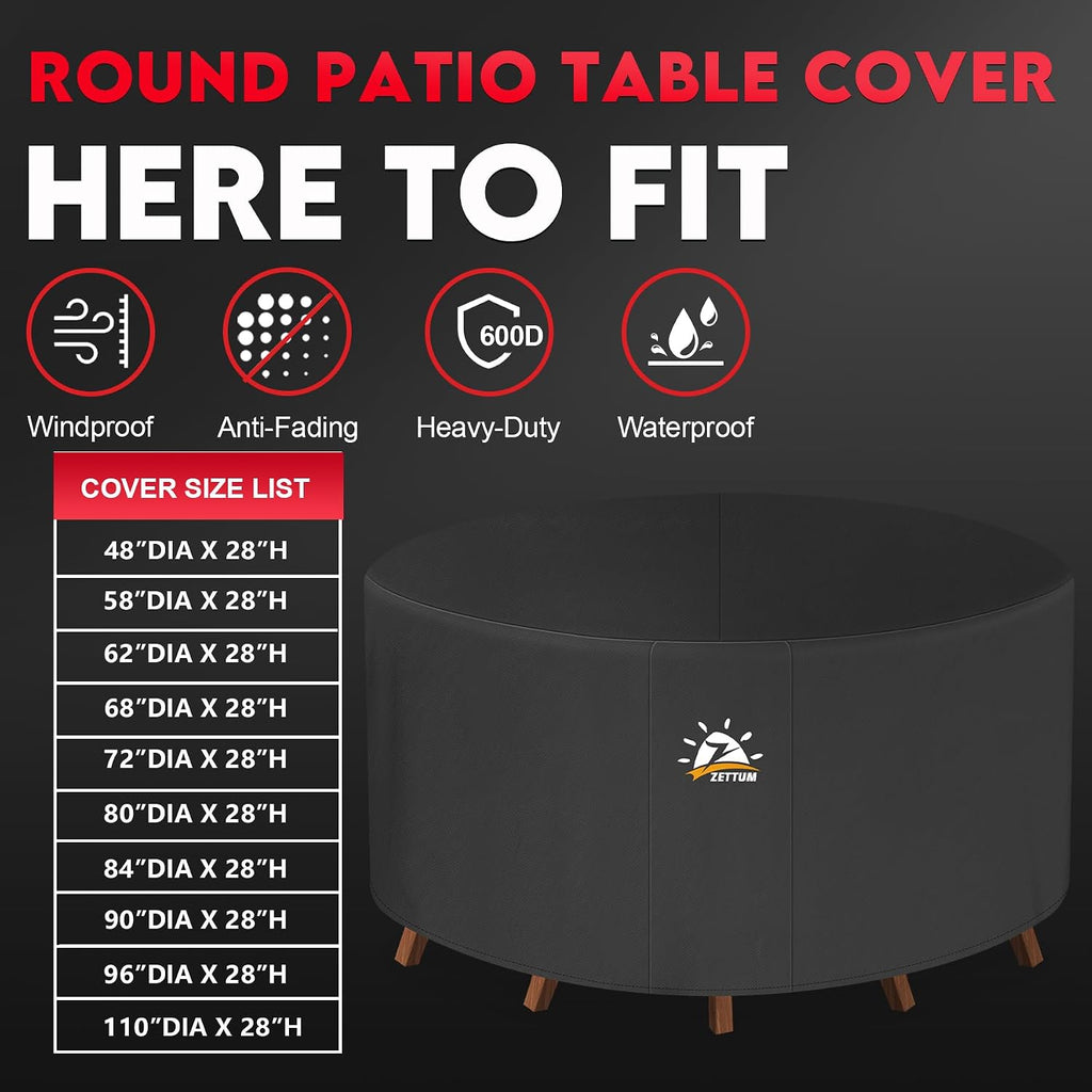 Round Patio Table Cover 80 Inch - 600D Outdoor Furniture Cover Round Waterproof & Heavy Duty, Large Lawn Furniture