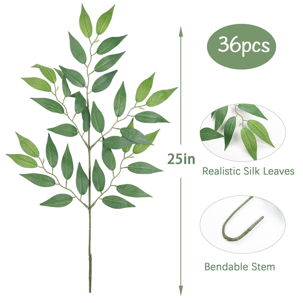 36pcs Italian Ruscus Artificial Greenery Stems Silk Green Leaves 20in Fake Spray Plants Stem Garland Greenery