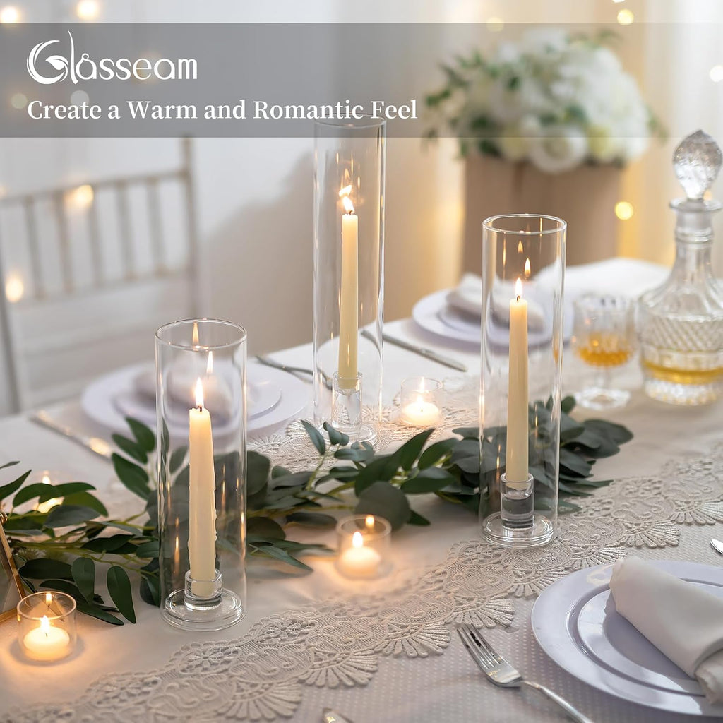 Hurricane Candlestick Holders: 12 Pcs Glass Taper with Cylinder | 2.5mm Thick Glass Sleeves, 9.84''/11.84''/13.78''