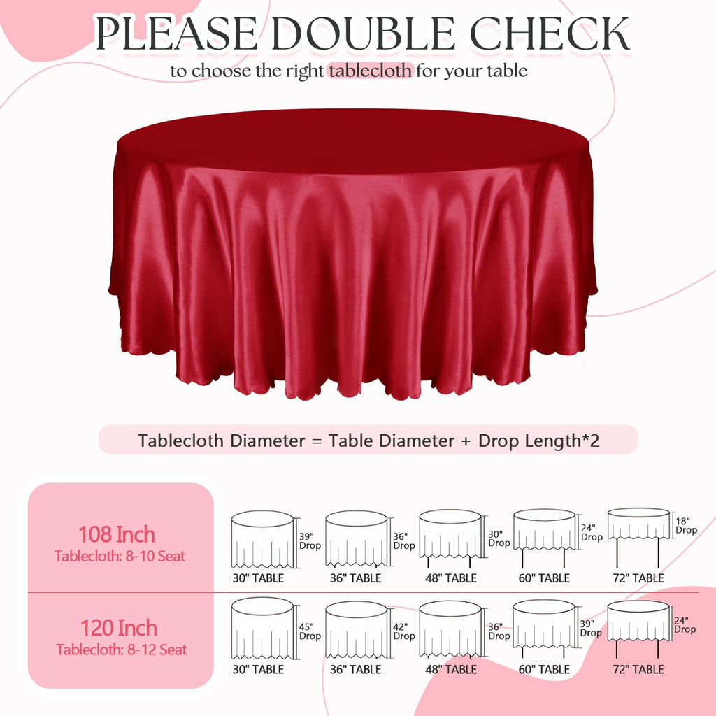 6 Pack 120 Inch Round Satin Tablecloth, Red, for 8-12 Seats