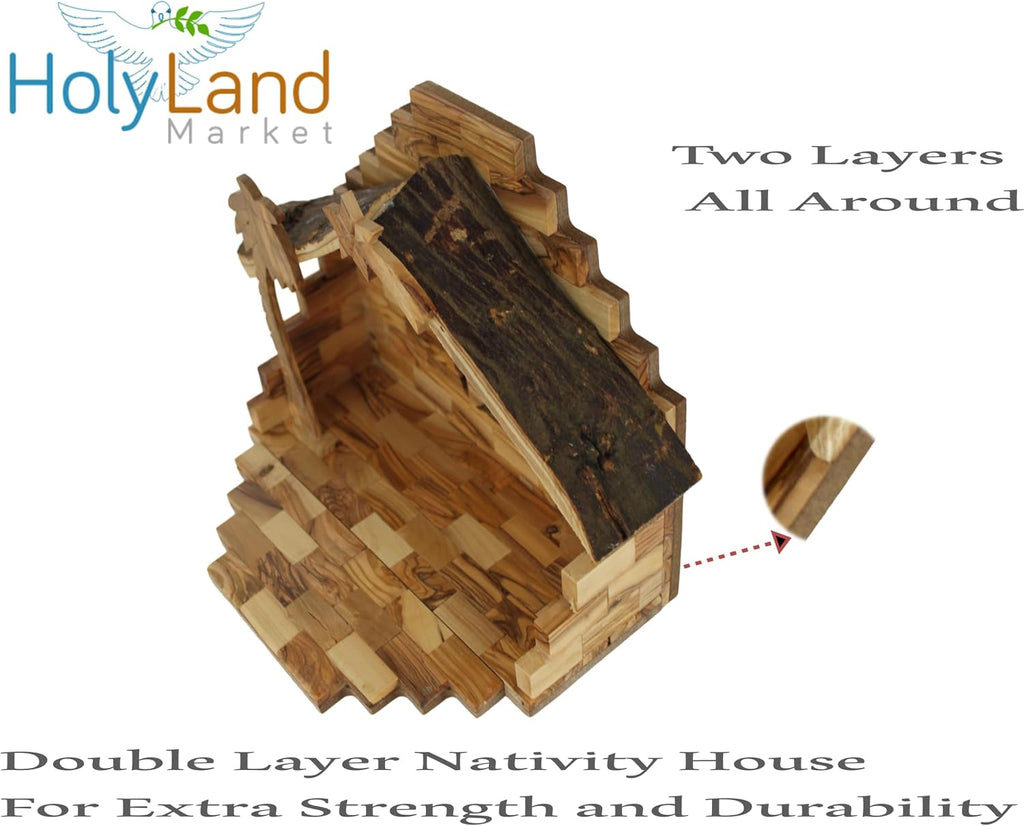 Land Market Traditional Olive Wood Nativity Set - Antique Style Bethlehem Stable, 12 Handmade Pieces - Christmas