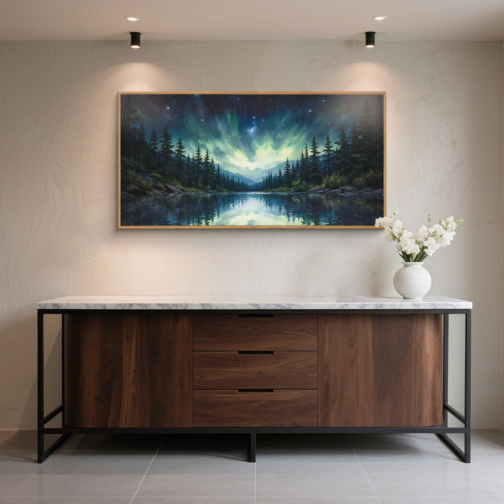 Luminous Northern Lights Forest Lake Framed Canvas Wall Art Set-40"x20"x1