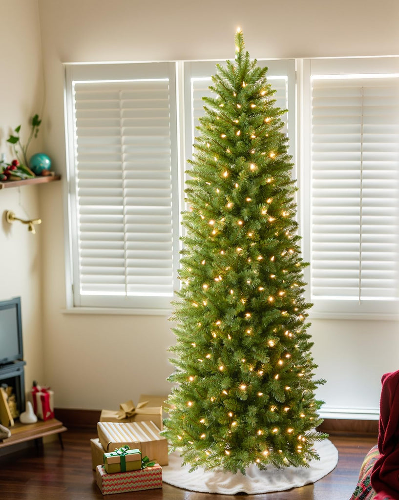 7.5FT Pre-lit Pencil Christmas Tree Spruce with Remote Control, 350 Warm White Multi-Color Lights, Artificial
