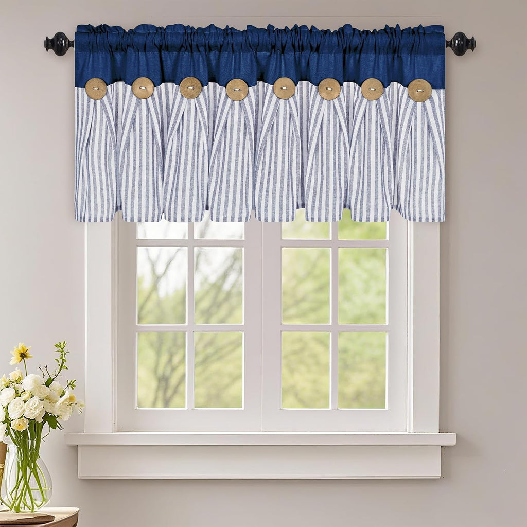 Farmhouse Valances for Windows, Boho Kitchen Curtains with Rustic Buttons, Blue Striped Valance, Cotton Linen Window