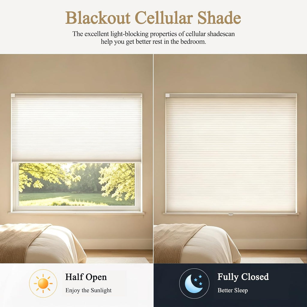 No Drill Cellular Shades Light Filtering Honeycomb Blinds White | Thermal Insulated & Noise Reducing Blinds for