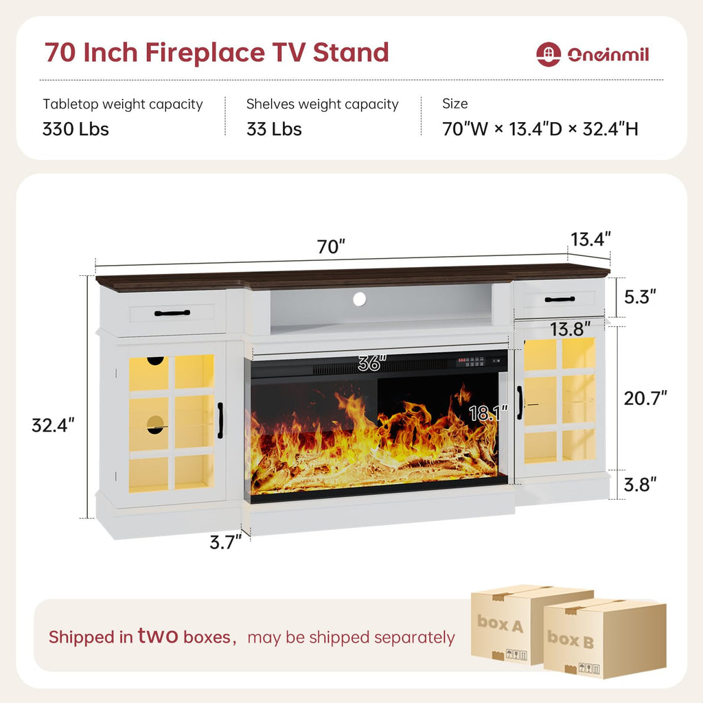 70" with 3-Sided Glass Fireplace, Modern Wood Entertainment Center with LED Lights and Glass Door, 36" Fire Place TV