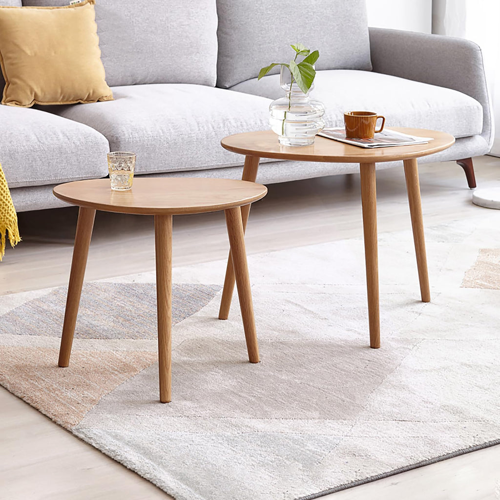 100% Solid Oak Wood Nesting Coffee, Small Oval Coffee Tables Set, Mid Century Modern Round Tables, Pebble Side for