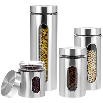 4pc Stainless Steel Canister Set with Airtight Lids and Glass Window - Food Storage Containers Counter & Pantry