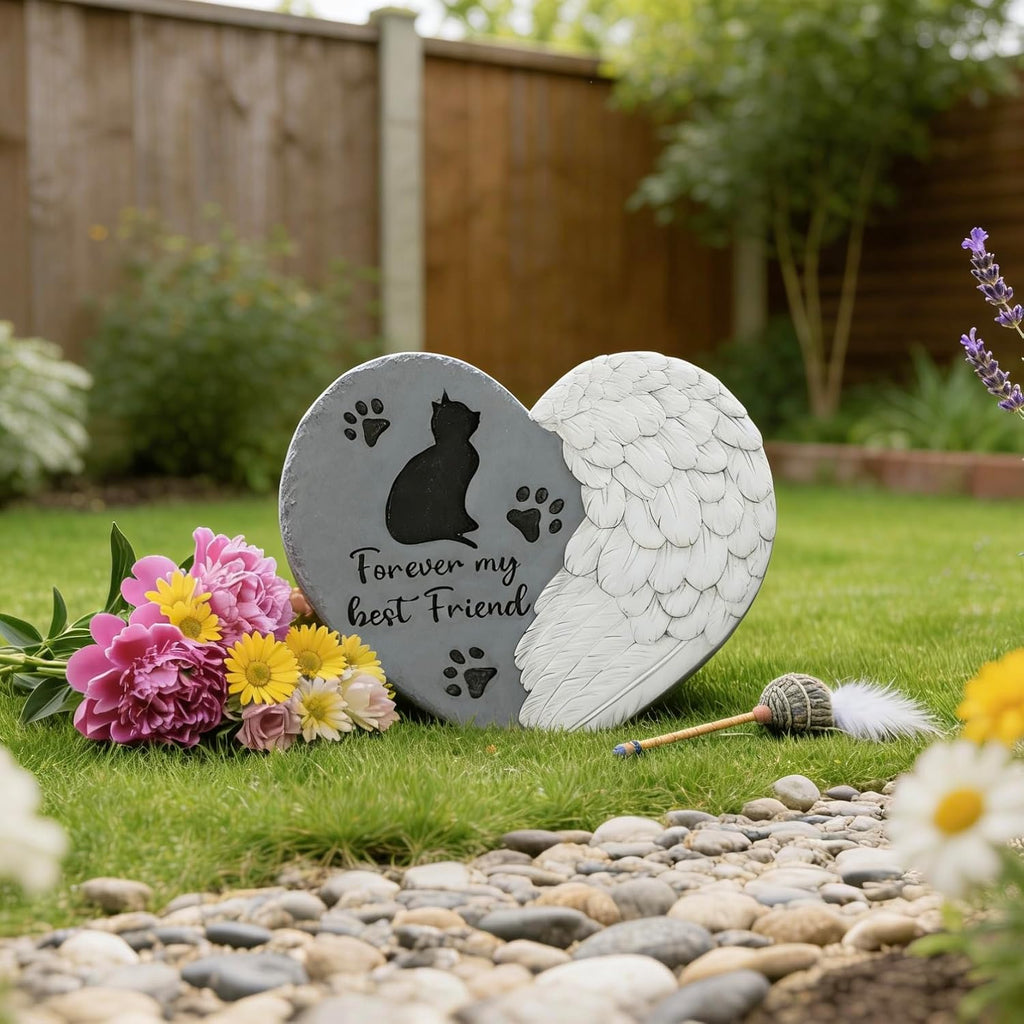 Landoraloria Cat Memorial Stepping Stone 10" Heart with Wings Outdoor Pet Grave Marker Cement Garden Remembrance