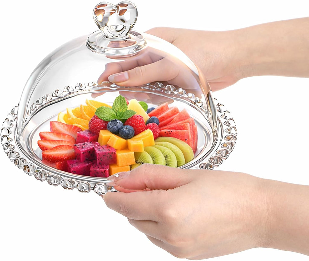 7" Clear Glass Cake Plate with Lid, Mini Crystal Cake Stand with Cloche Dome Cover, Dessert Cheese Serving Platter