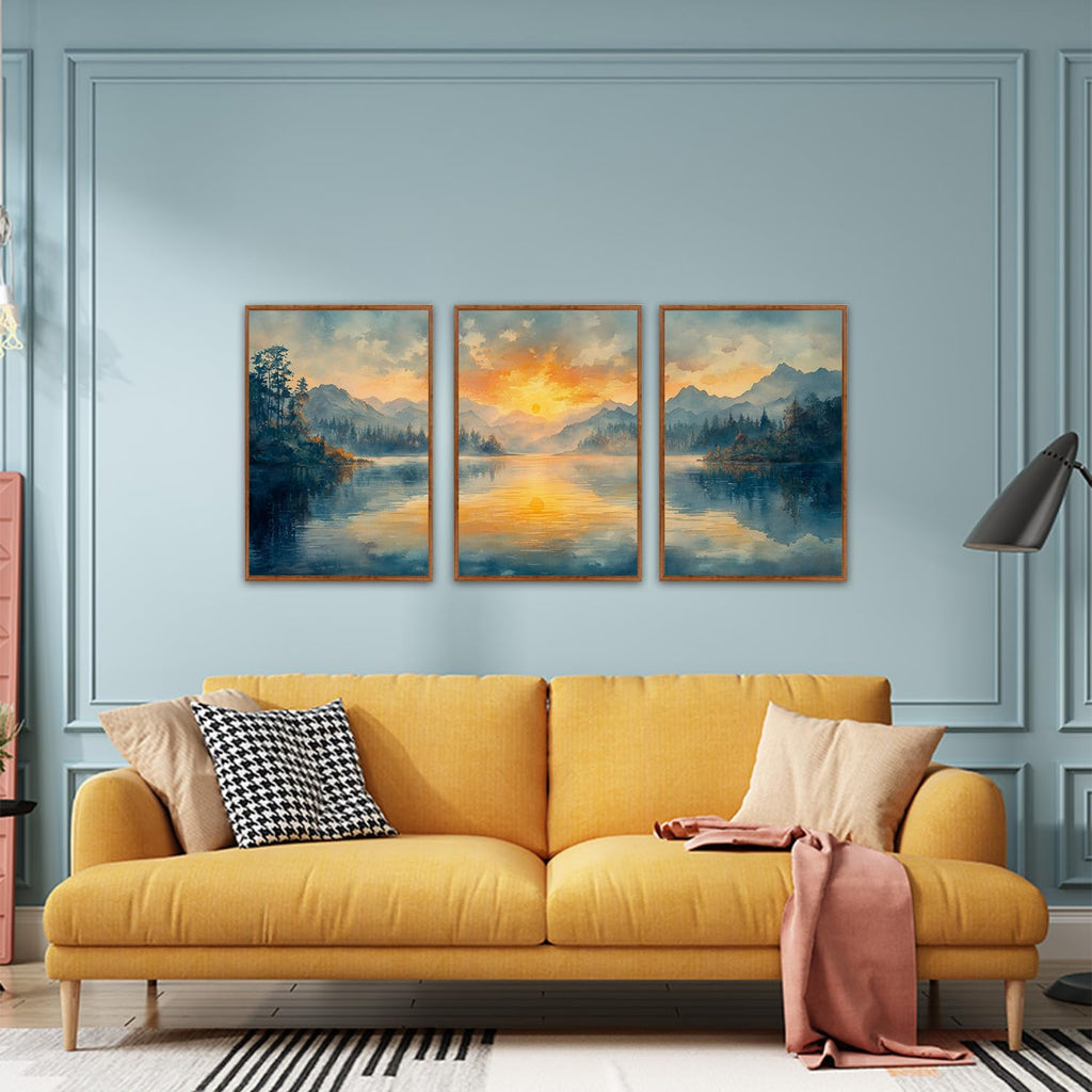 Mountain Lake Sunset Framed Wall Art Set of 3, 24x36 Landscape Decor