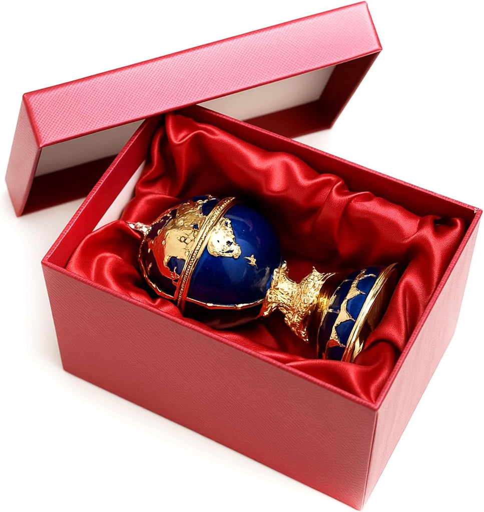 Decorative Globe Jewelry Box, Blue and Gold Enameled Trinket Box, World Map Design