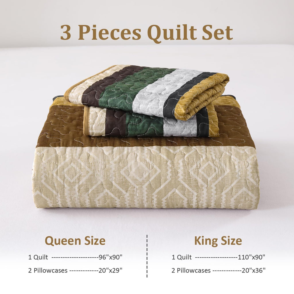 Stripe Quilt Bedding Set, Boho Brown Lightweight Bedspread