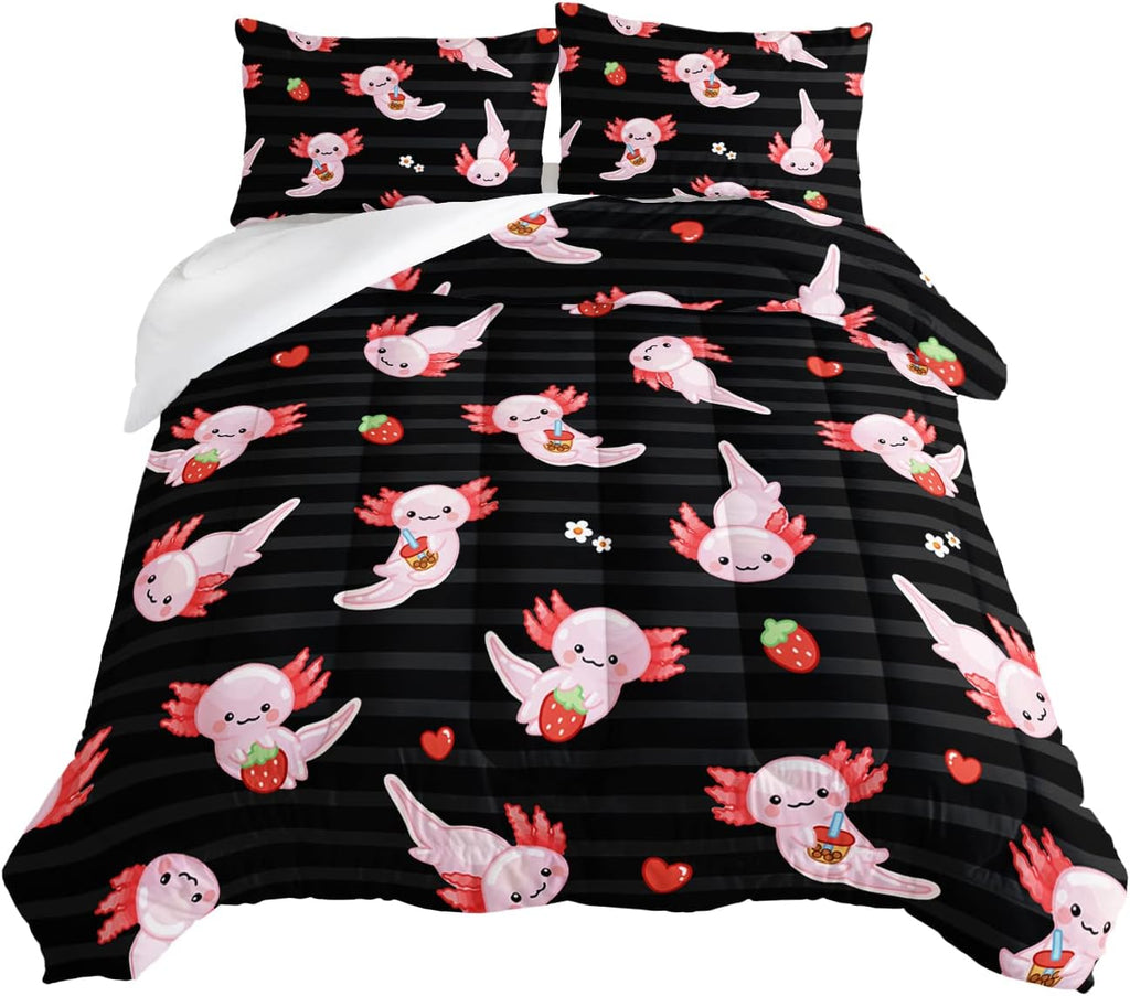 Kids Black Full Comforter Sets 3 Pieces,Cartoon Bedding Sea Wildlife Cute Animals Theme Room Decor,Kawaii Bedding Set