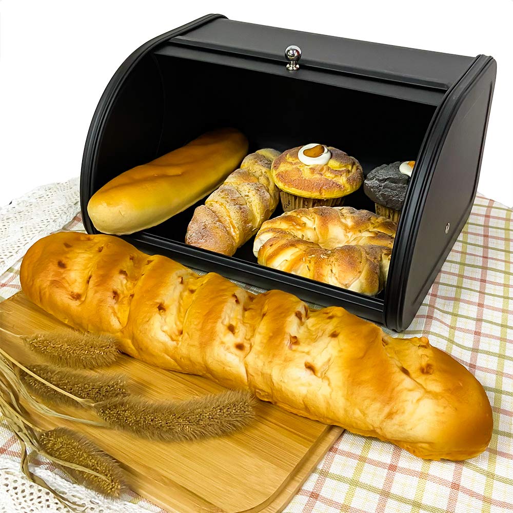 Bread Box - X458 Black Metal /Bin/kitchen Storage Containers with Roll Top Lid (Black)
