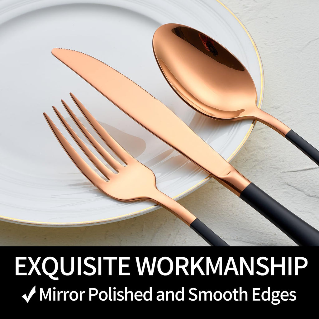 Rose Gold and Black Silverware Sets for 4,Black Handle Stainless Steel Cutlery Set, Include Forks Spoons