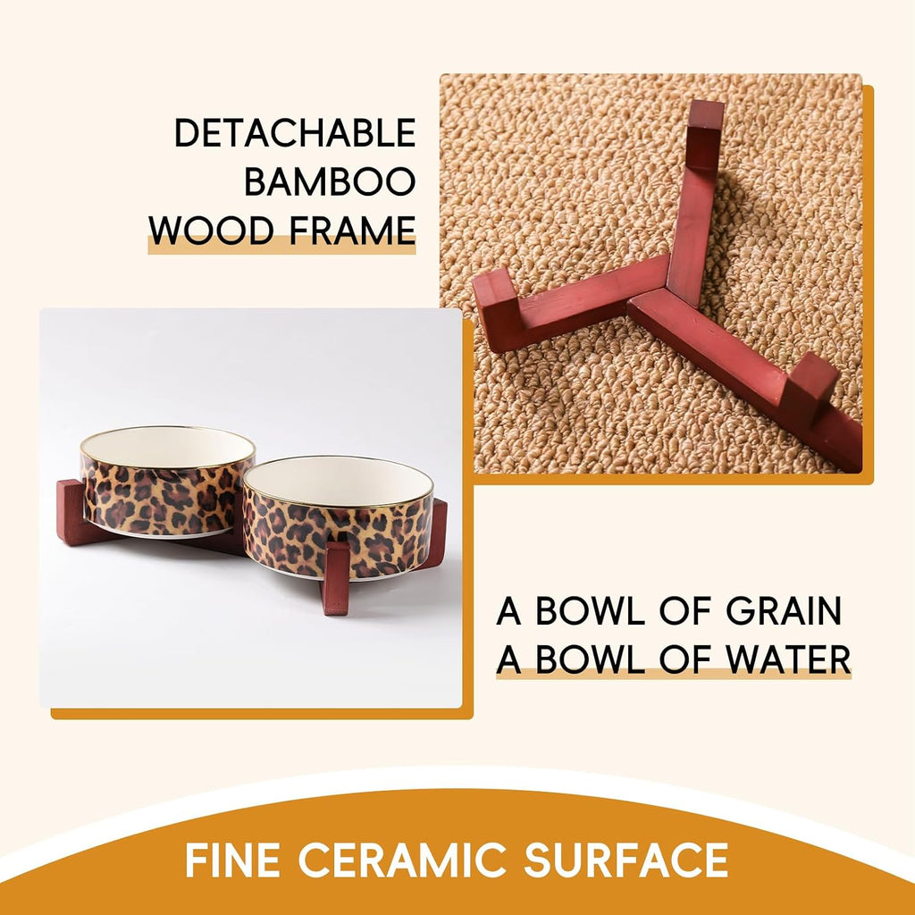 Ceramic Dog Bowl with Wood Stand, 4 Cups Dog Food and Water Bowl Set