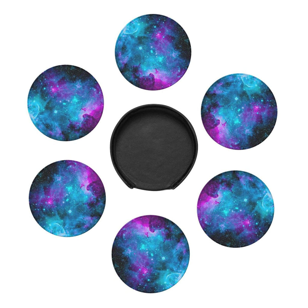 Trippy Galaxy Drinking Coasters PU Leather Coaster with Holder, 6pcs