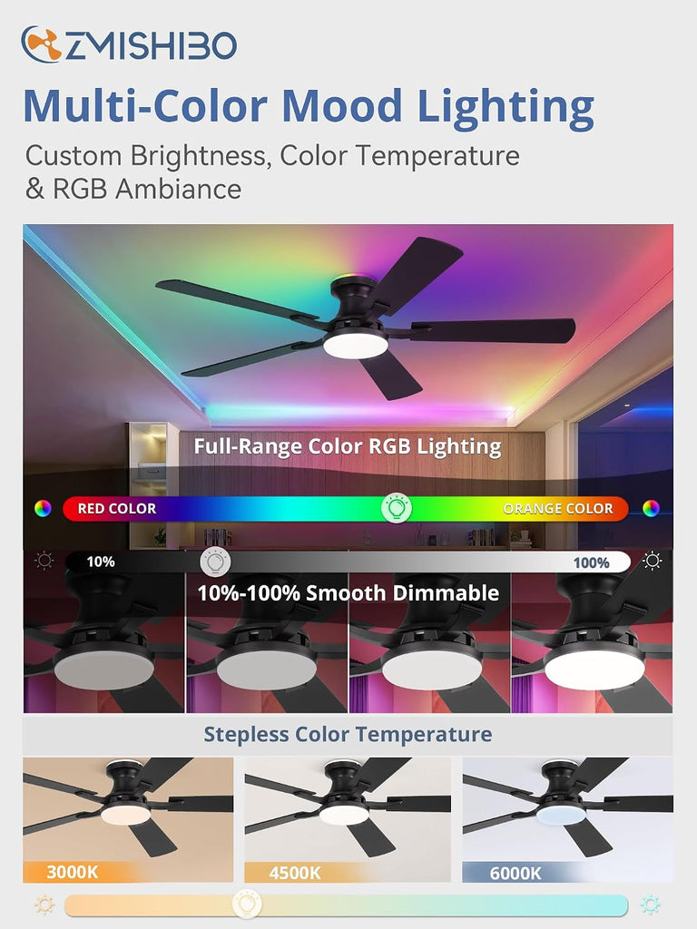 52" Smart RGB Ceiling Fan with Light, Alexa+App+Remote, Black