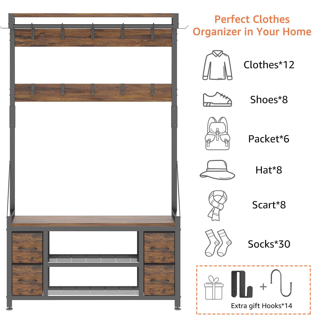 39" Hall Tree with Storage Coat Rack freestanding Entryway Furniture Bench, 5 in 1 Design Front Door Shoe Rack and