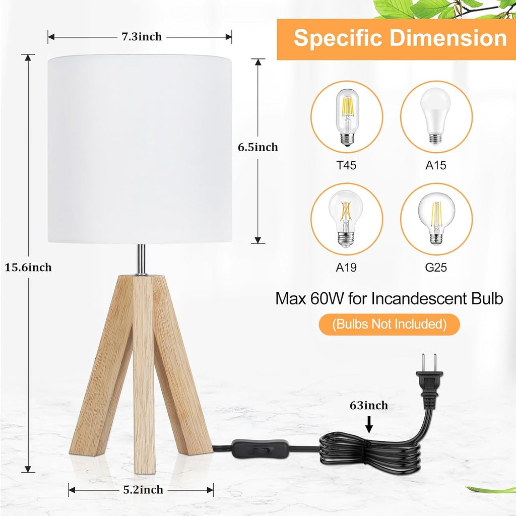 Small Beside Table Lamp, Wood Tripod Table Lamp with White Fabric Shade, Cute Boho Nightstand Minimalist Desk Lamp