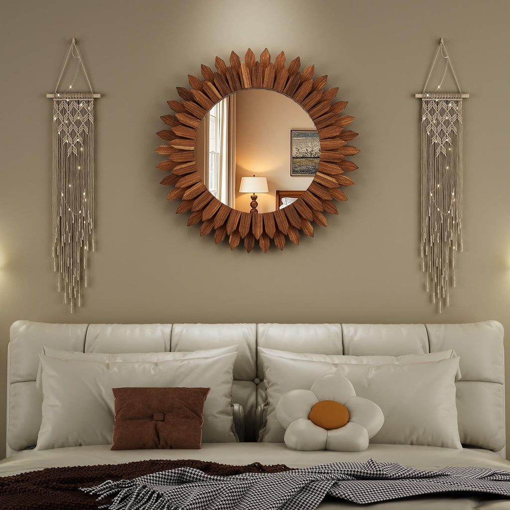 28" Walnut Round Sunburst Wooden Mirror Boho Rustic Wall Decor