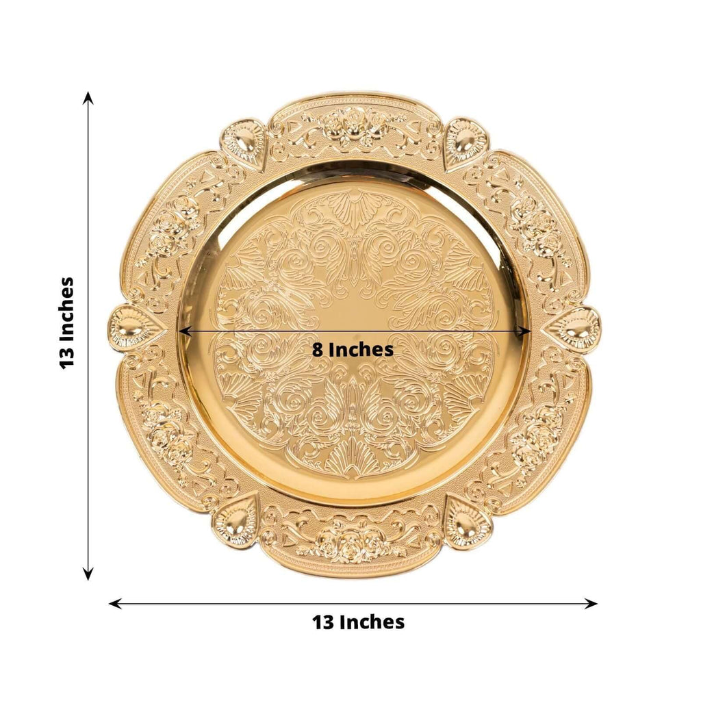 13" Gold Floral Embossed Charger Plates, Round Scalloped Rim Underplates for Spring Weddings and Garden Parties
