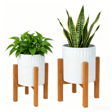 2-Piece White Metal Planter Set with Wood Stand, Indoor Mid Century Modern Planters with Drainage, 8" & 10"