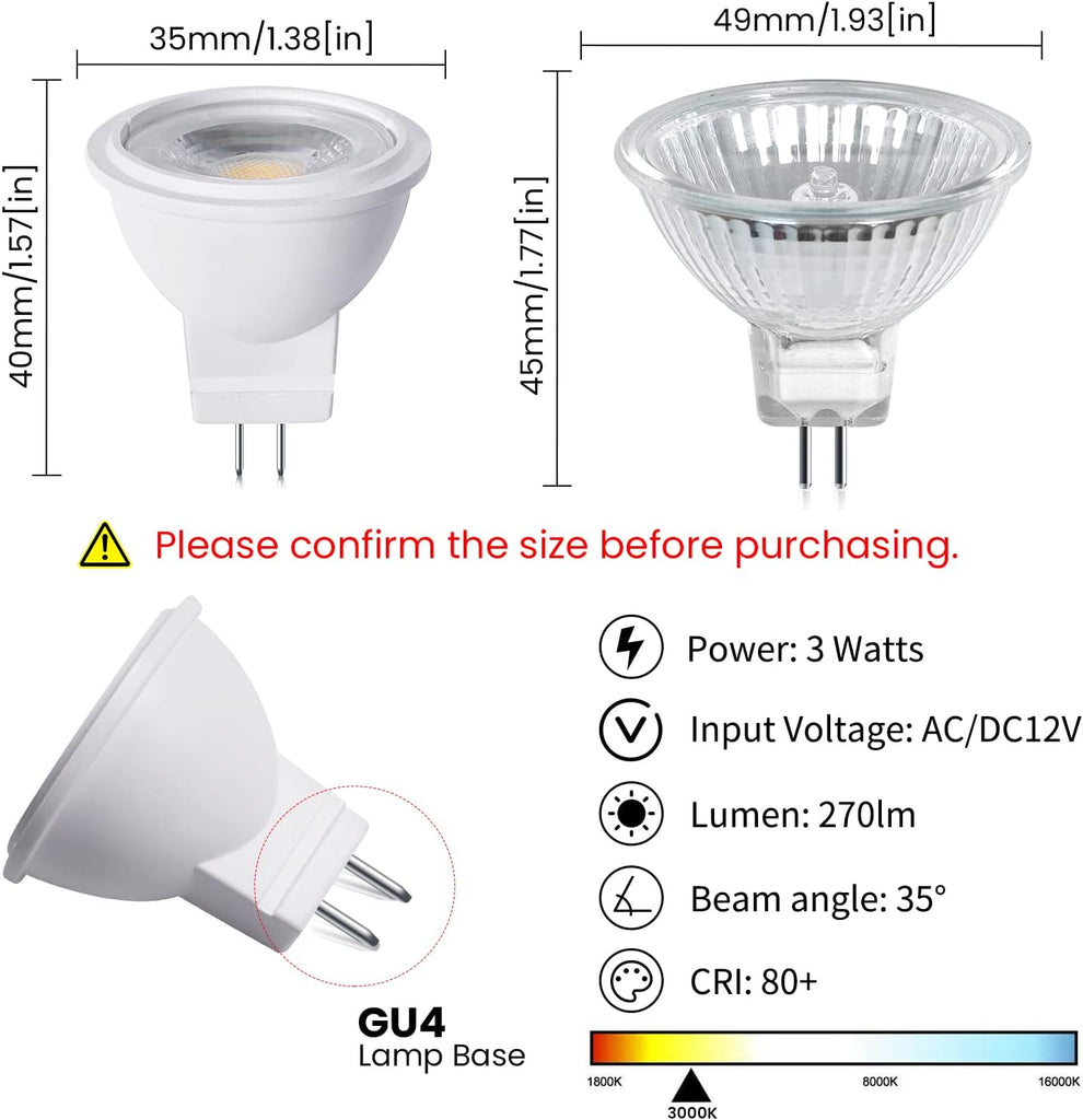 12V MR11 GU4.0 LED Light Bulb 3W G4/GU4/GZ4 Bi-Pin Base LED Spot Light Low Voltage MR11 Landscape Bulbs 25W Halogen