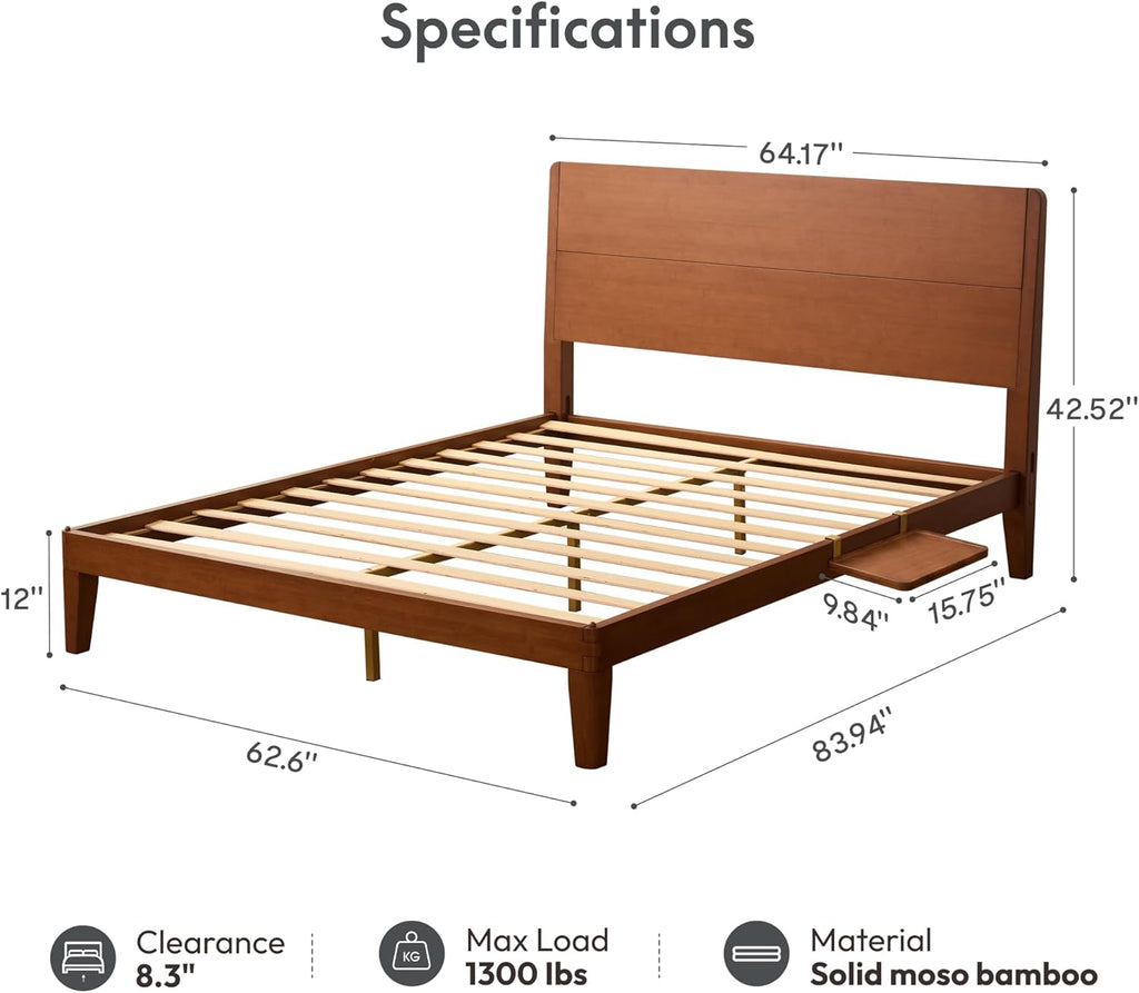 Hako G4 Bamboo Bed Frame with Japanese Joinery, Queen Bed Frame with Storage Headboard, Charging Station, SGS