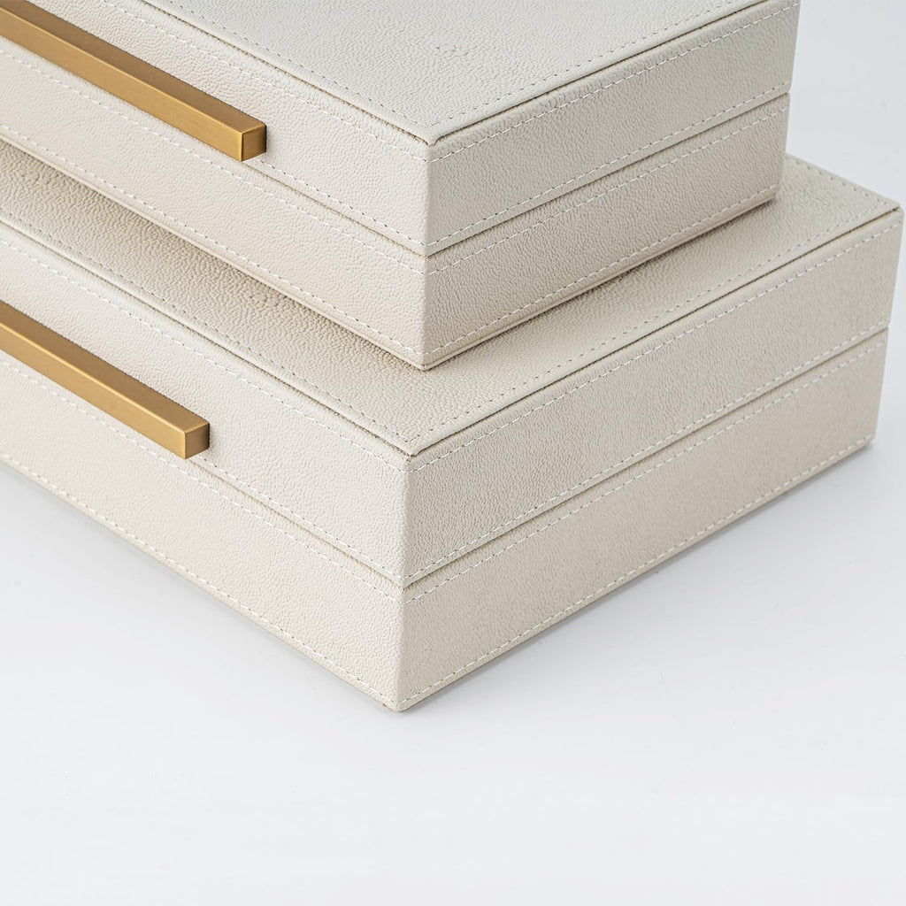 Faux Leather Large Modern Stackable Nesting Jewelry Box with Lids Organizer Beige Shagreen Decorative - Set of 2
