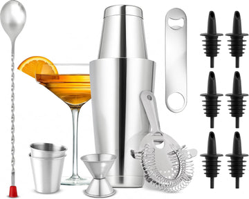 Mixology Bartender Cocktail Shaker Set - Includes 15 & 30 oz Stainless Steel Shakers, 6 Bottle Pourers & More